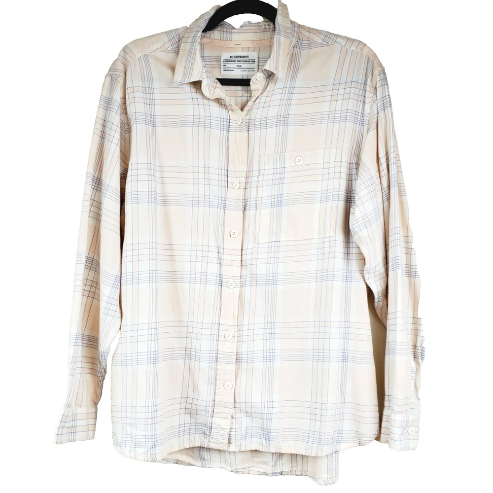 REI Co-op Womens Large Top Camping Hiking 100% Cotton Button‎ Down Plaid Light